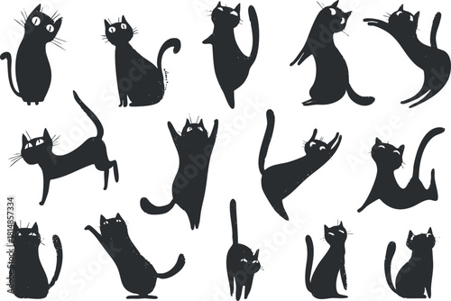 Playful black cat silhouette vector illustration set showcasing various poses and playful antics for design and decoration.