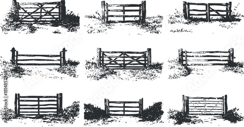 Hand-drawn vector illustration set of rustic wooden fences and gates for rural landscape design projects