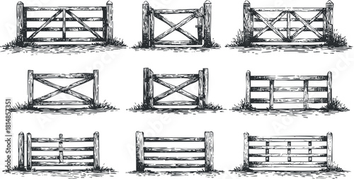 Hand-drawn vector illustration set of various wooden fences and gates, ideal for agricultural and rural design projects