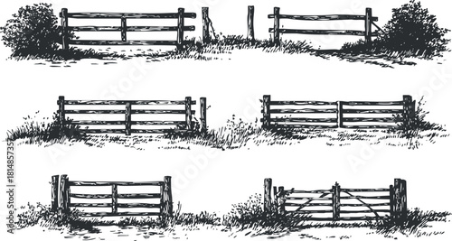Detailed black and white vector illustration of rustic wooden fences and gates, perfect for rural and nature-themed projects