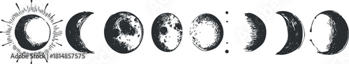 Vintage black and white vector illustration of sun and moon phases, ideal for astronomy-themed design projects
