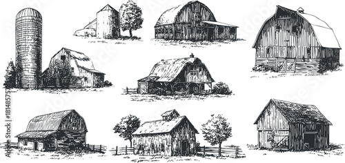 Vintage black and white vector illustration collection of various barns and silos in a rural landscape