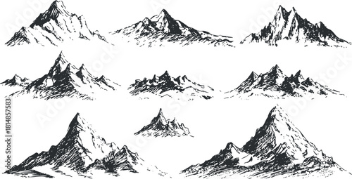 Hand-drawn black and white vector illustration of various mountain peaks, suitable for nature-themed designs and outdoor projects
