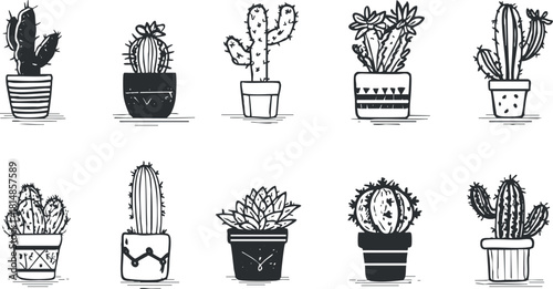 Hand-drawn black and white vector illustration of various potted cacti collection for home decor and botanical designs