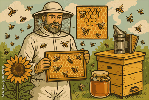 Beekeeper with Honeycomb and Apiary Illustration