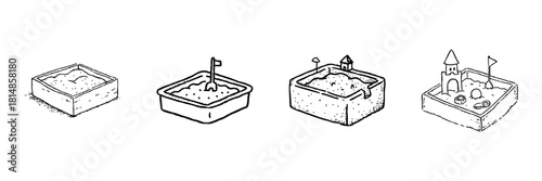 Sandbox Evolution Line Icon Set In Doodle Style. Children'S Play, Creativity, And Imagination Development Outline Sketch Collection. Hand Drawn Isolated Vector Illustration