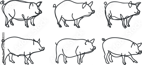 Minimalist continuous line vector illustration of cute pigs in various poses for farm-themed designs and projects