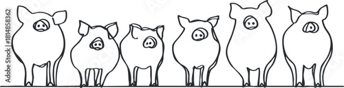 Outline vector illustration of six cute pigs in a row, perfect for farm-themed designs or children’s projects
