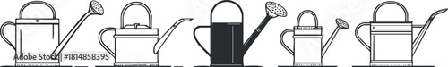 Stylized vector illustration of various watering can designs in minimalist black and white style for gardening and landscaping projects