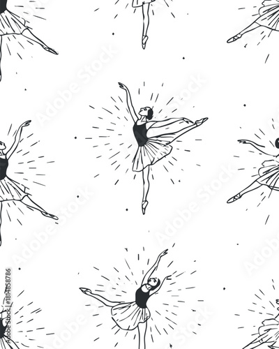 Stylish black and white vector pattern featuring graceful ballet dancers in dynamic poses, ideal for artistic projects and textile designs