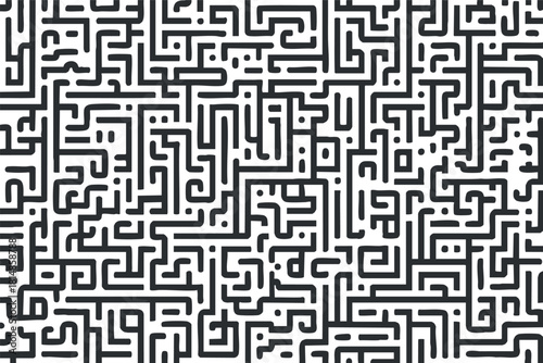 Intricate maze pattern in black and white, suitable for backgrounds, textile design, and modern art projects