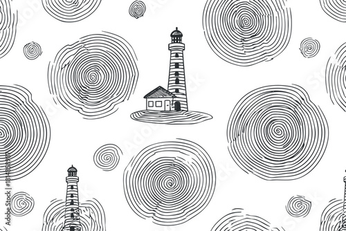 Stylized black and white vector pattern featuring lighthouses and circular spiral designs, perfect for nautical-themed decor and branding.