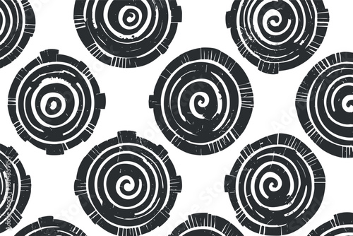 Seamless black and white vector pattern featuring stylized spirals and circular shapes for modern design projects
