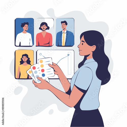 Woman managing a virtual team meeting with presentation cards and online video call participants.