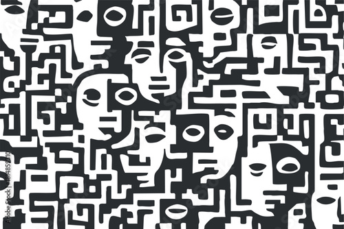 Abstract vector illustration featuring a complex pattern of stylized faces in black and white, ideal for modern art projects.