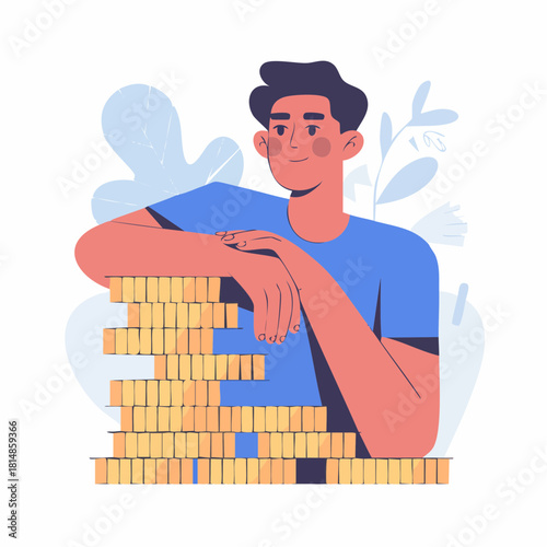 Contented man leaning on a large stack of gold coins, representing financial success and savings.