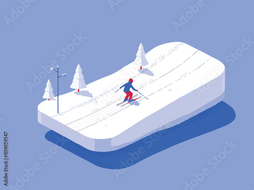 Isometric Winter Ski Scene Vector Illustration