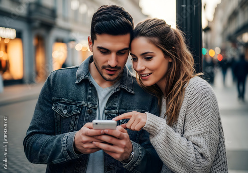 Young couple looking closely at a smartphone screen while walking in the city
