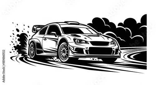 Monochrome illustration of a rally car drifting through a corner.