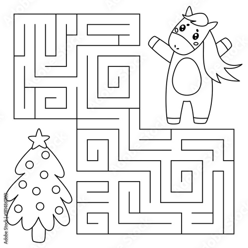 Animal maze game for kids. Cute line kawaii horse looking for a way to the christmas tree. Printable worksheet with solution for school and preschool. Vector cartoon illustration.
