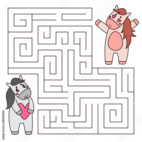 Maze game for kids. Cute horse with heart looking for a way to the lover. Horse is a symbol of the year 2026. Printable worksheet. Vector cartoon illustration for valentines day.