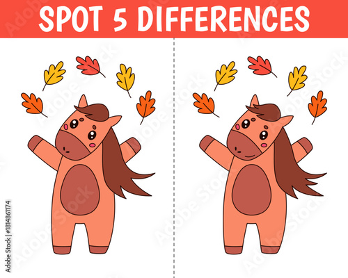 Cute horse in cartoon style. Find 5 differences. Educational matching animal game for children. Printable worksheet with solution for school and preschool. Vector cartoon illustration.