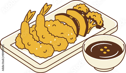 Hand drawn illustration of golden fried shrimp and vegetables with dipping sauce