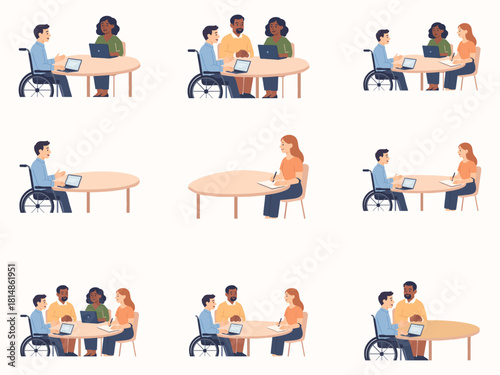 A diverse group of people, including a wheelchair user, collaborate around round tables in different configurations, discussing ideas, taking notes, and working together in an inclusive meeting enviro