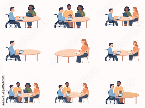 A diverse group of people, including a wheelchair user, collaborate around round tables in different configurations, discussing ideas, taking notes, and working together in an inclusive meeting enviro