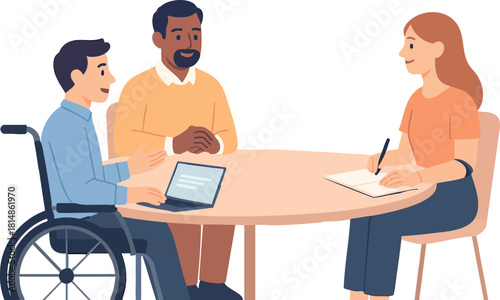 A friendly and diverse group of three colleagues—one using a wheelchair, one bearded man, and one woman taking notes—sit together at a round table engaged in a collaborative meeting