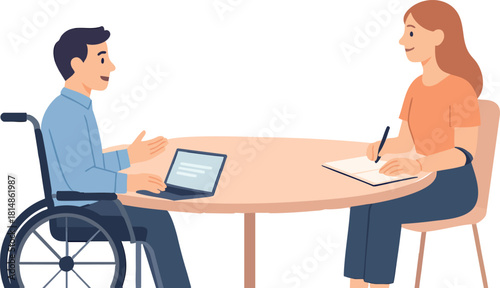 A friendly man in a wheelchair discusses something while using his laptop as a woman across the table takes notes in a notebook.