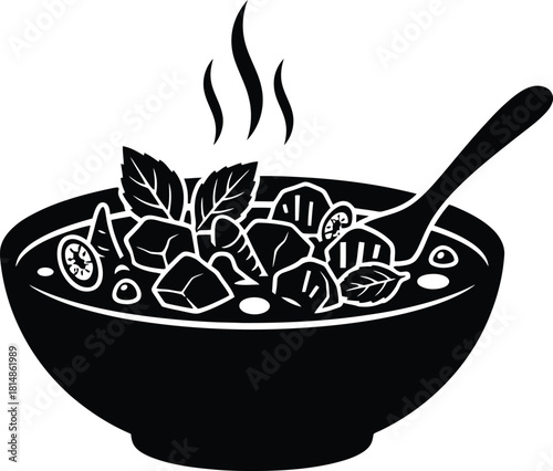 Steaming bowl of noodles with spoon illustration