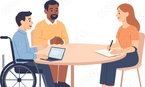 A friendly and diverse group of three colleagues—one using a wheelchair, one bearded man, and one woman taking notes—sit together at a round table engaged in a collaborative meeting