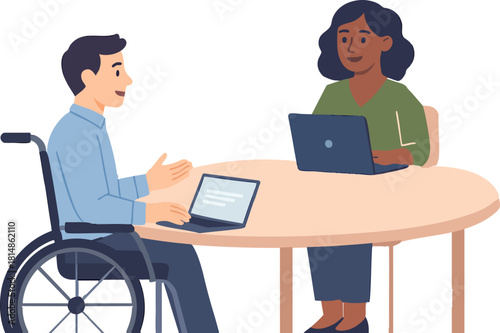 A man in a wheelchair and a woman with a laptop sit at a round table, engaged in a friendly and productive conversation during an inclusive teamwork meeting.