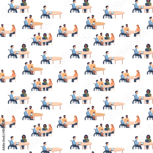 A seamless pattern featuring diverse colleagues collaborating around round tables, including a wheelchair user, people taking notes, and team members working on laptops in an inclusive office setting.