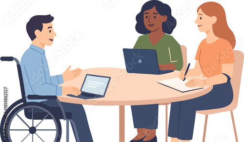 A man in a wheelchair and a woman with a laptop sit at a round table, engaged in a friendly and productive conversation during an inclusive teamwork meeting.