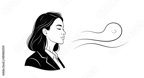 Woman with closed eyes exhaling focused on breath and inner peace.