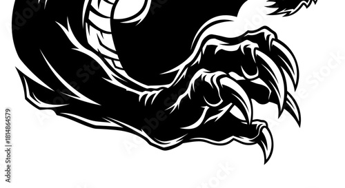 Powerful monster claw with sharp talons in a bold black and white graphic style.