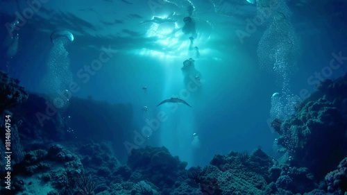 Slow forward glide through a deep ocean trench as blue light shafts filter from above, manta ray silhouette drifting past rocky seafloor, tiny bubbles and plankton floating in moody turquoise water