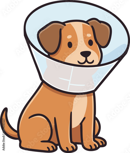 Dog wearing protective cone collar sitting cute cartoon vector illustration