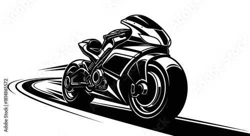 Sleek black motorcycle speeding on a curved road dynamic illustration.