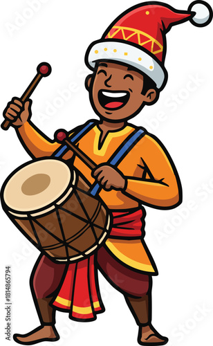 African man playing traditional drum wearing festive hat and colorful clothes vector illustration