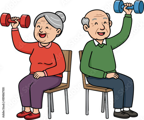 Elderly man and woman exercising with dumbbells sitting on chairs healthy active lifestyle vector illustration