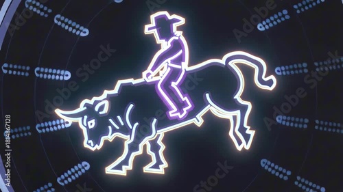 Neon outline of a bucking bull with a cowboy rider glowing in vivid purple, blue, and warm orange accents on a dark background, bold western energy, modern retro tube-light style animation.
