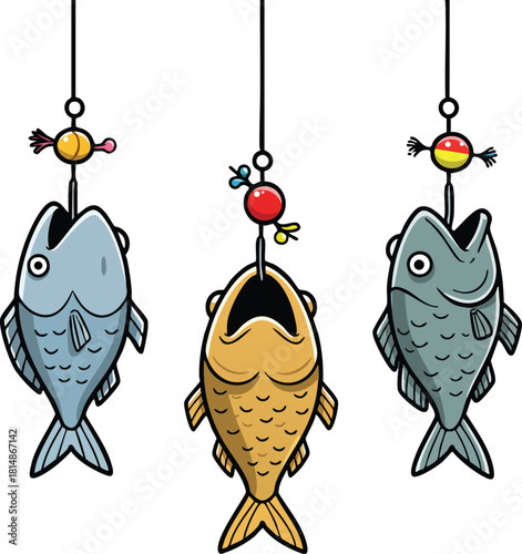 Three fish hanging on fishing hooks with colorful bobbers vector illustration