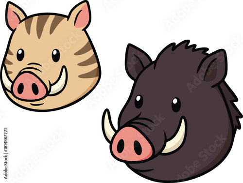 Wild boar heads cartoon style vector illustration with brown and black colors isolated on white background