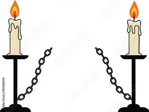 Burning candle with flame on black candlestick holder with chain vector illustration simple design