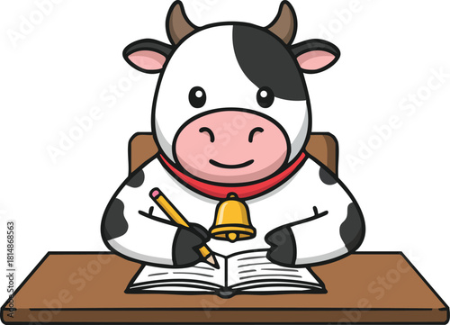 Cute cow writing with pencil at desk cartoon animal vector illustration