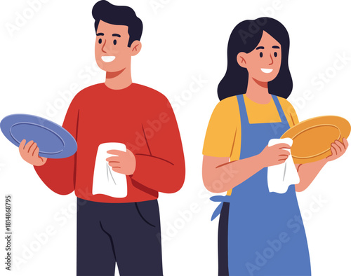 Man and woman drying dishes with towels kitchen cleaning chores teamwork concept vector illustration