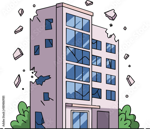 Damaged office building with broken windows and falling debris vector illustration urban architecture concept